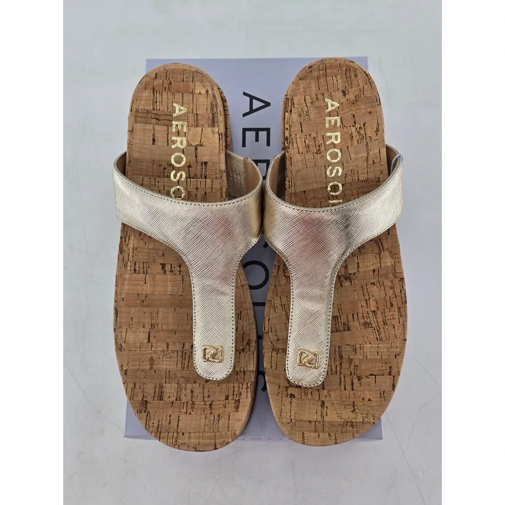 Aerosoles Clio Sandals Womens Size 10M Gold T-Strap Cork Wedge - New